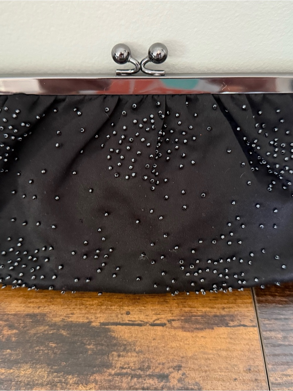 EXPRESS Brand Black Satin Beaded Clutch Evening Bag with Kisslock Closure